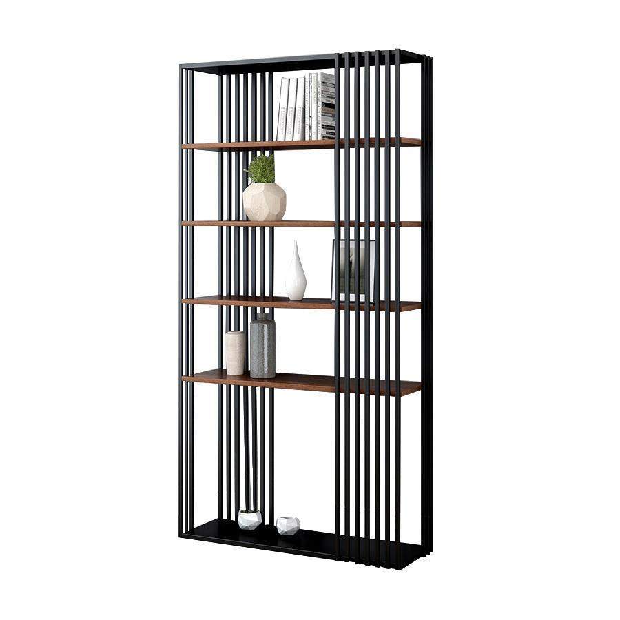 Modern Metal  Etagere Bookshelf Freestanding with 5 Shelving Black & Walnut-Bookcases & Bookshelves,Furniture,Office Furniture