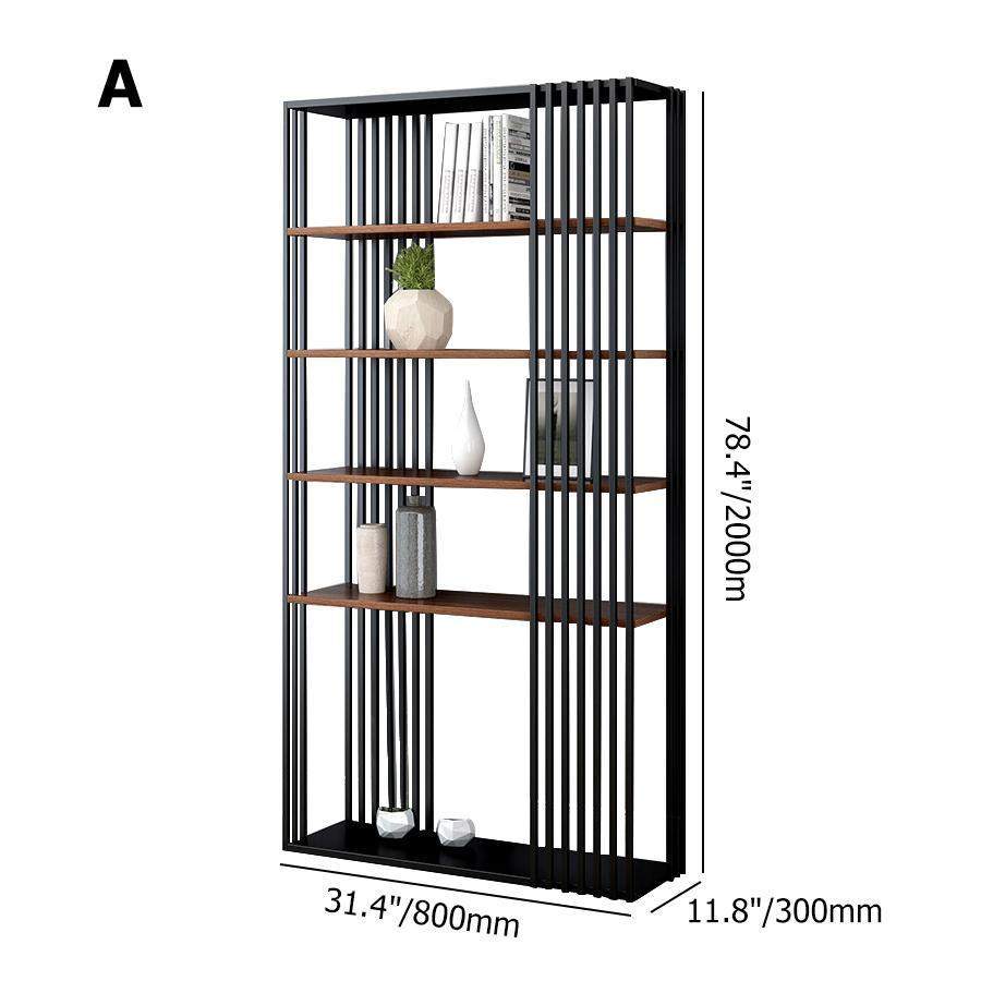 Modern Metal  Etagere Bookshelf Freestanding with 5 Shelving Black & Walnut-Bookcases & Bookshelves,Furniture,Office Furniture
