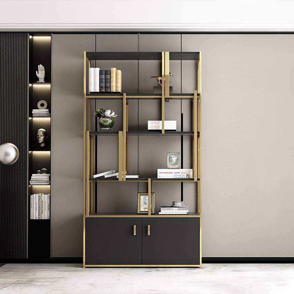 78" Luxury Standing Standard Bookshelf with Doors in Black & Gold-Bookcases & Bookshelves,Furniture,Office Furniture