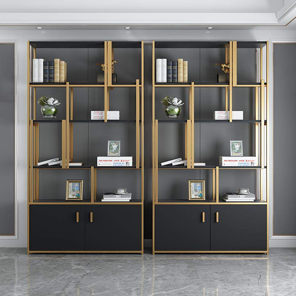 78" Luxury Standing Standard Bookshelf with Doors in Black & Gold-Bookcases & Bookshelves,Furniture,Office Furniture