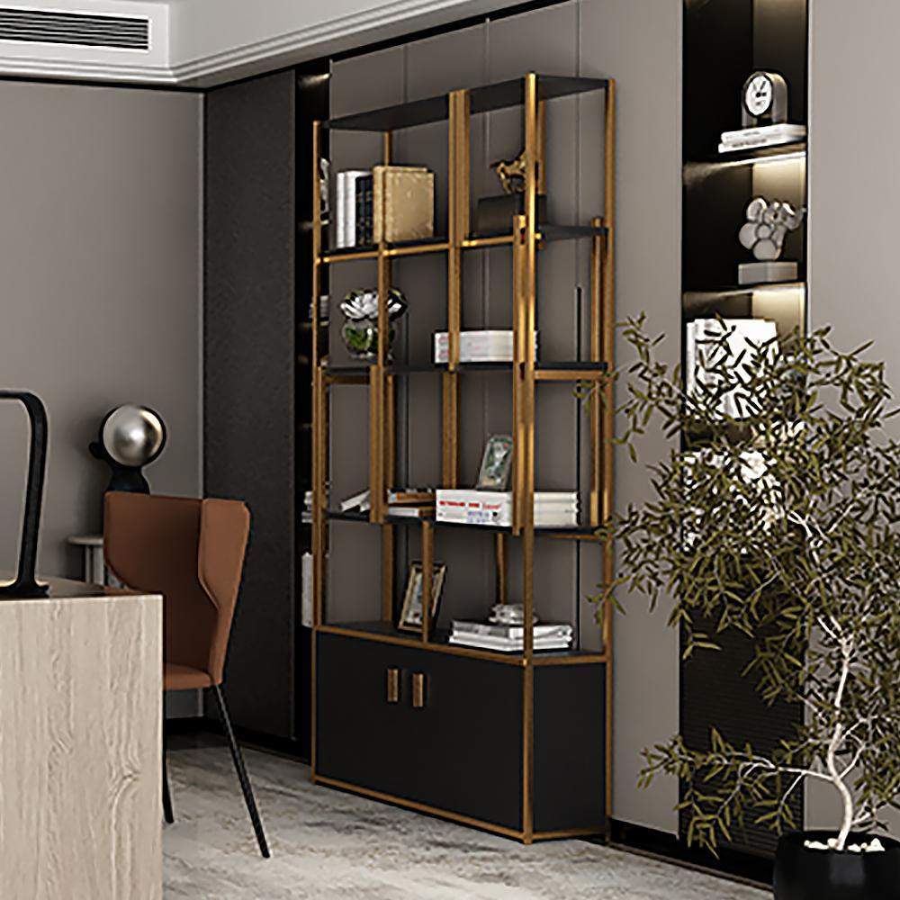 78" Luxury Standing Standard Bookshelf with Doors in Black & Gold-Bookcases & Bookshelves,Furniture,Office Furniture