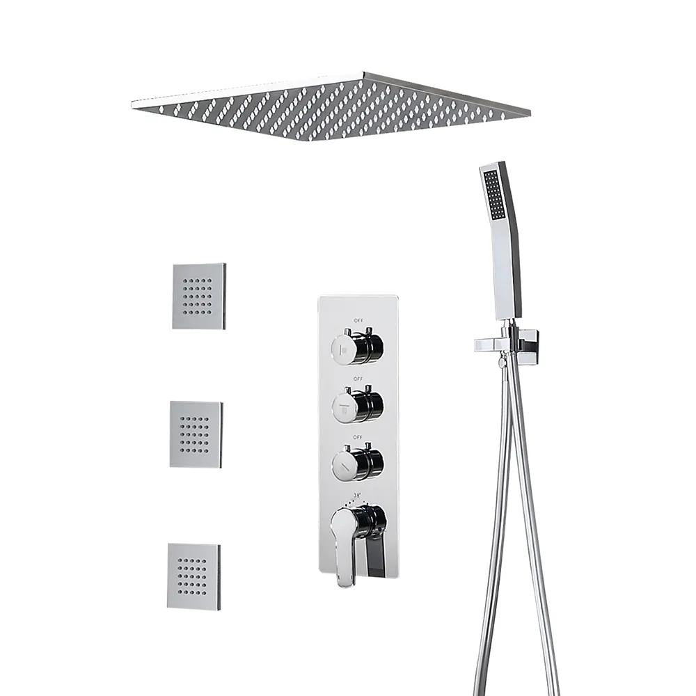 Modern 16" Chrome Thermostatic Rain Shower System with Handheld Shower & 3 Body Sprays