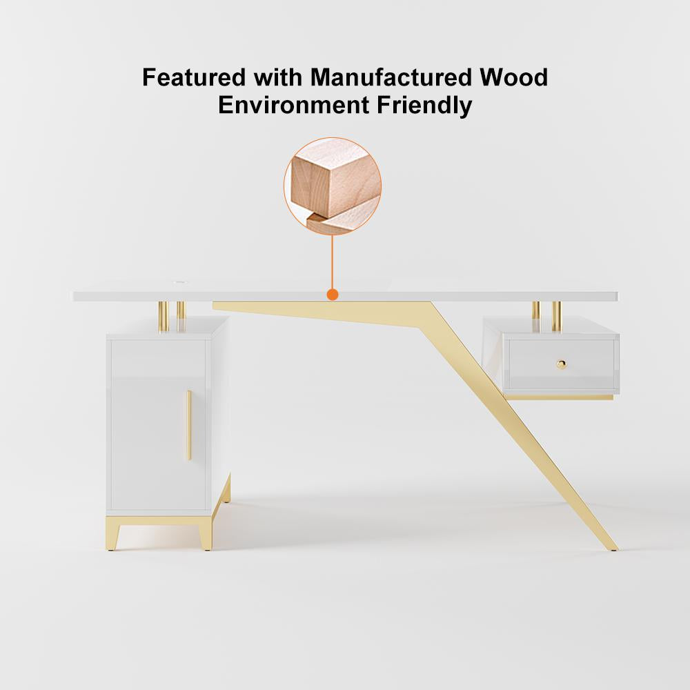 55" Ultra Modern White and Gold Computer Writing Desk with Storage & Drawer