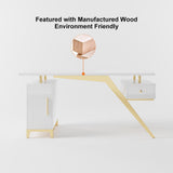 55" Ultra Modern White and Gold Computer Writing Desk with Storage & Drawer