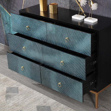 47" Blue-Green Dresser Artistic 6-Drawer Bedroom Cabinet in Gold