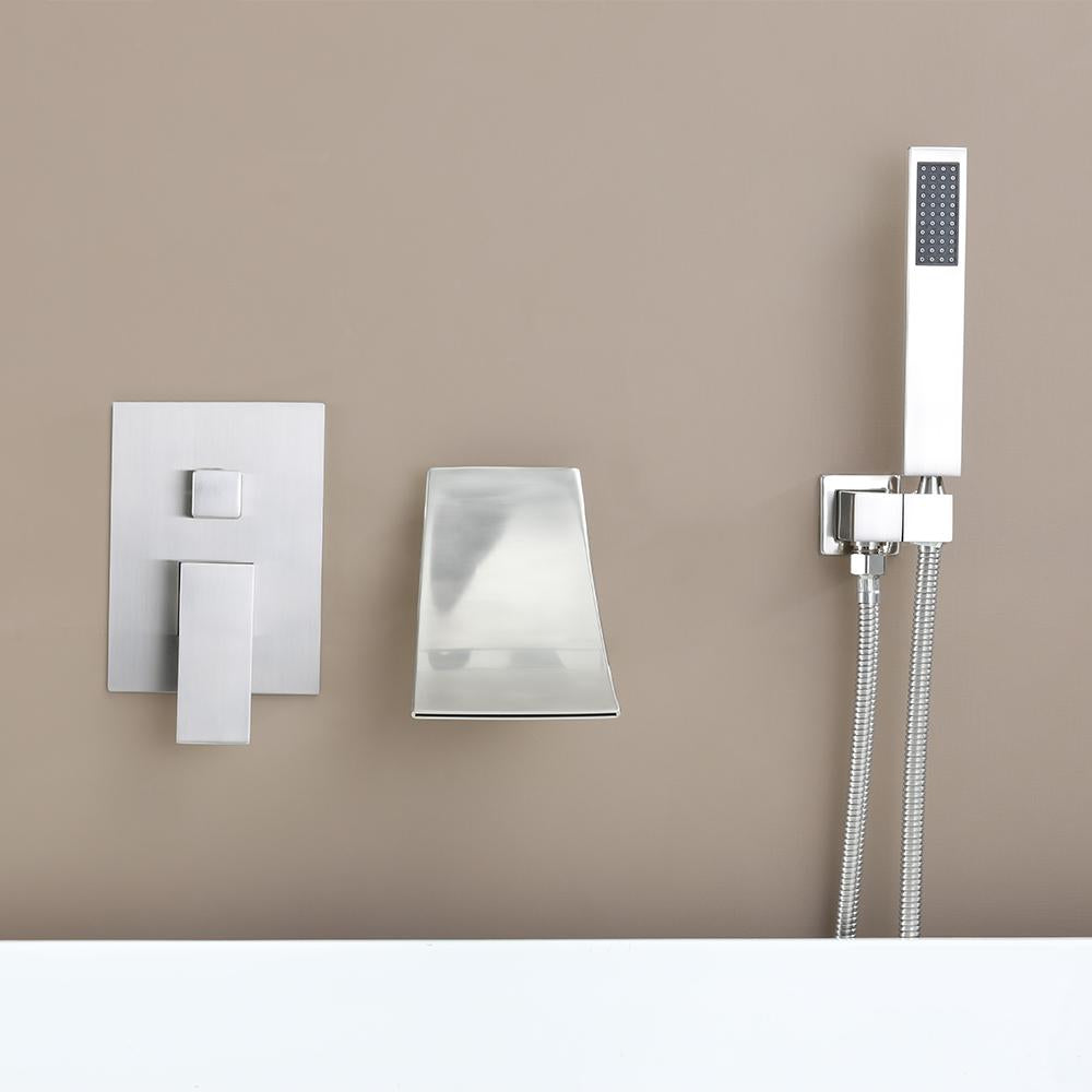 Modern Waterfall Wall-Mount Tub Filler Faucet Single Handle & Handshower in Matte Black