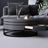 White Round Modern Wood Swivel Coffee Table with Storage Drawer in Gold