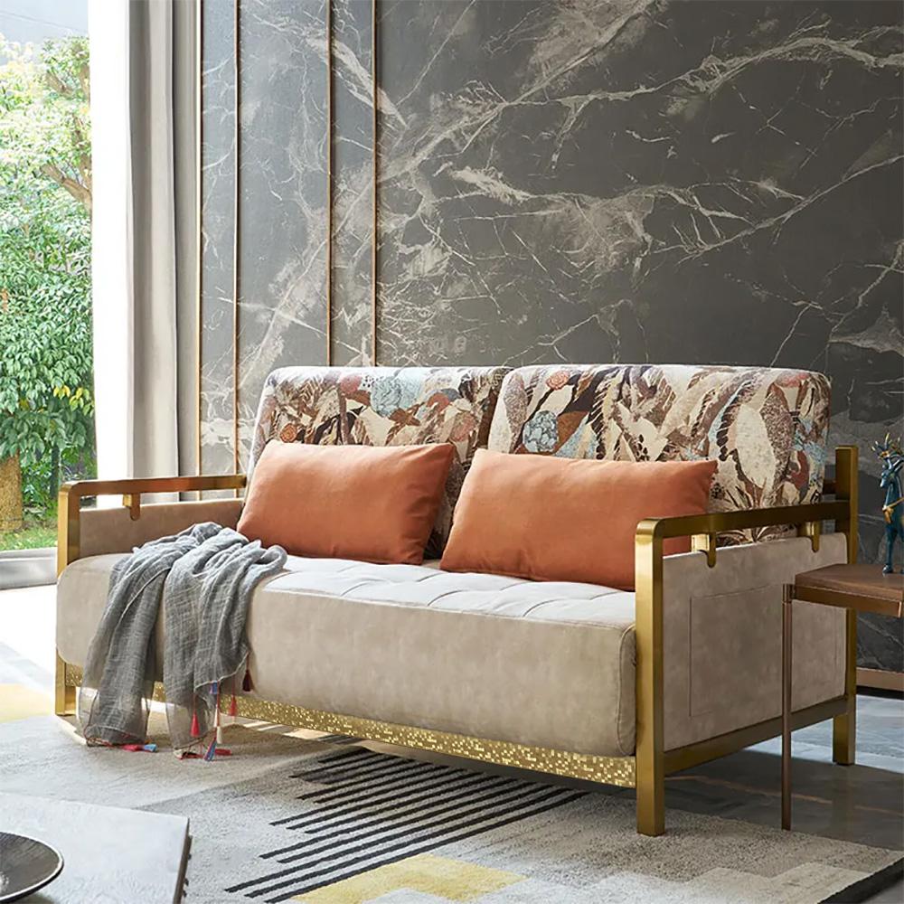 Modern King Convertible Sleeper Sofa Gold Metal Beige Upholstered Sofa Bed Pillow Included