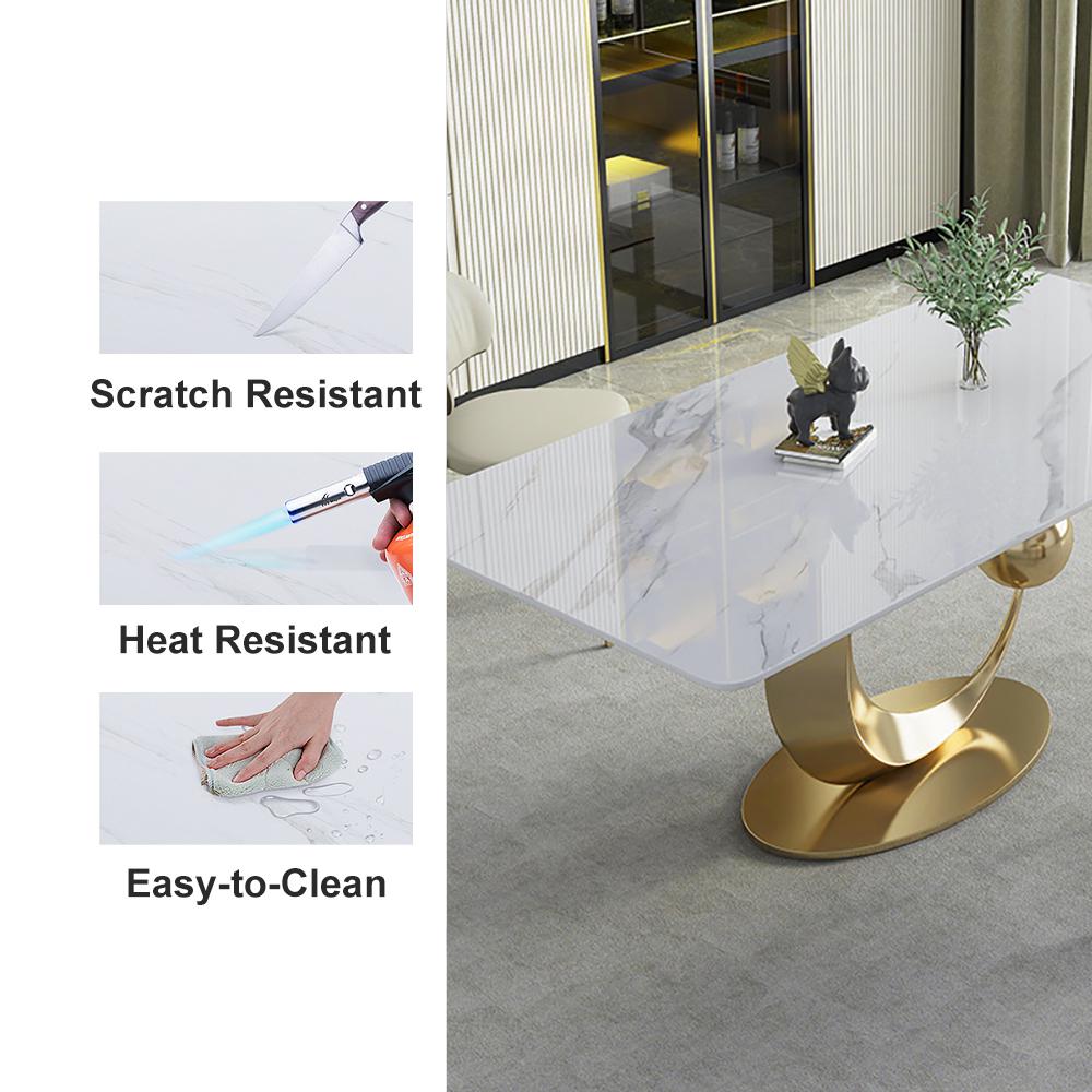 71" White Rectangular Dining Table Modern Faux Marble Tabletop with Pedestal Base