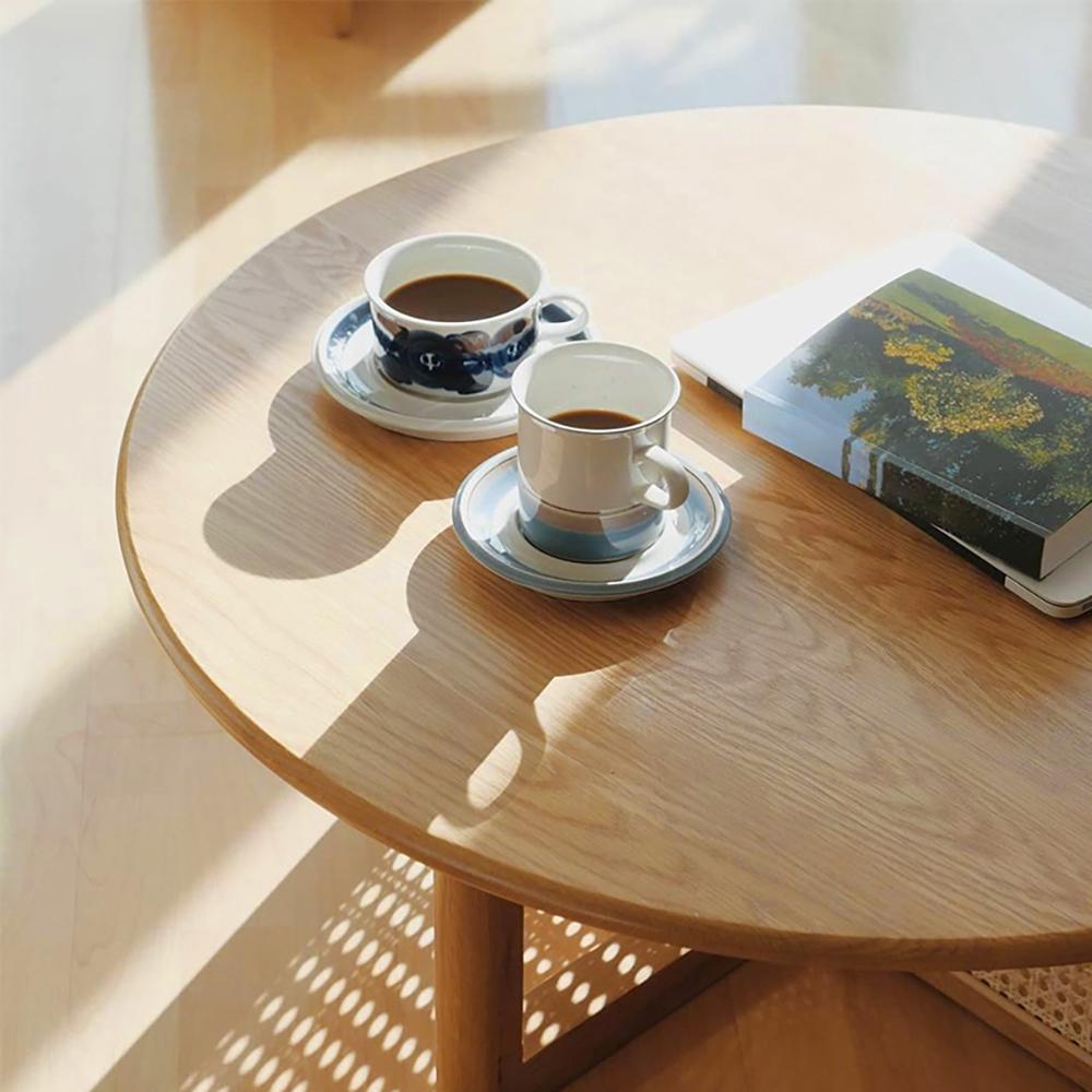 32" Modern Round Pine Wood and Rattan Coffee Table in Natural