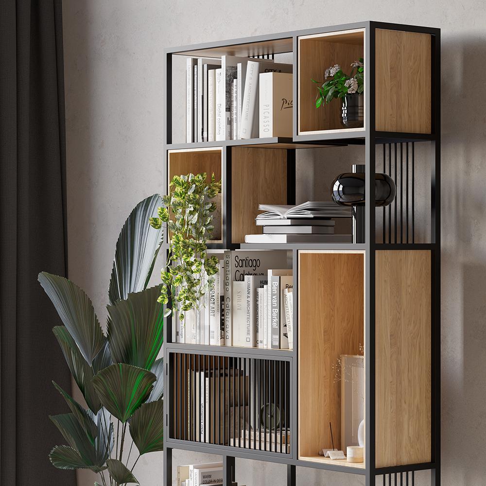 78" Modern Black Steel Geometric Bookcase 6-Tier Bookshelf Wooden Tall Book Shelf