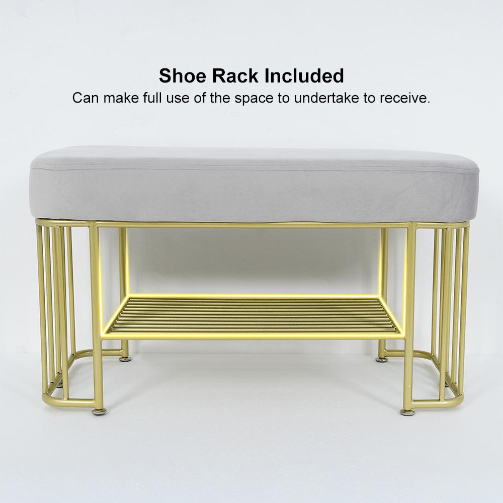 Modern Gray Storage Bench Entryway Bench Velvet Upholstered with Golden Frame & Shelves