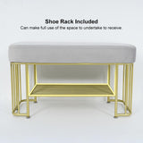 Modern Gray Storage Bench Entryway Bench Velvet Upholstered with Golden Frame & Shelves