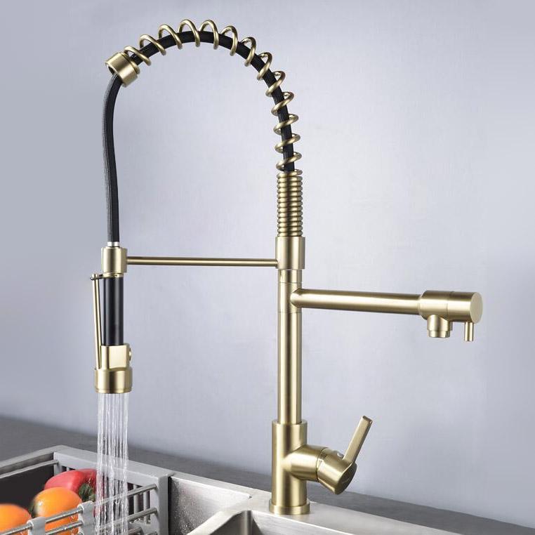Pull Out Double Spout Kitchen Faucet Brushed Gold Double Function Sprayer Solid Brass