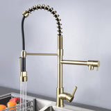 Pull Out Double Spout Kitchen Faucet Brushed Gold Double Function Sprayer Solid Brass
