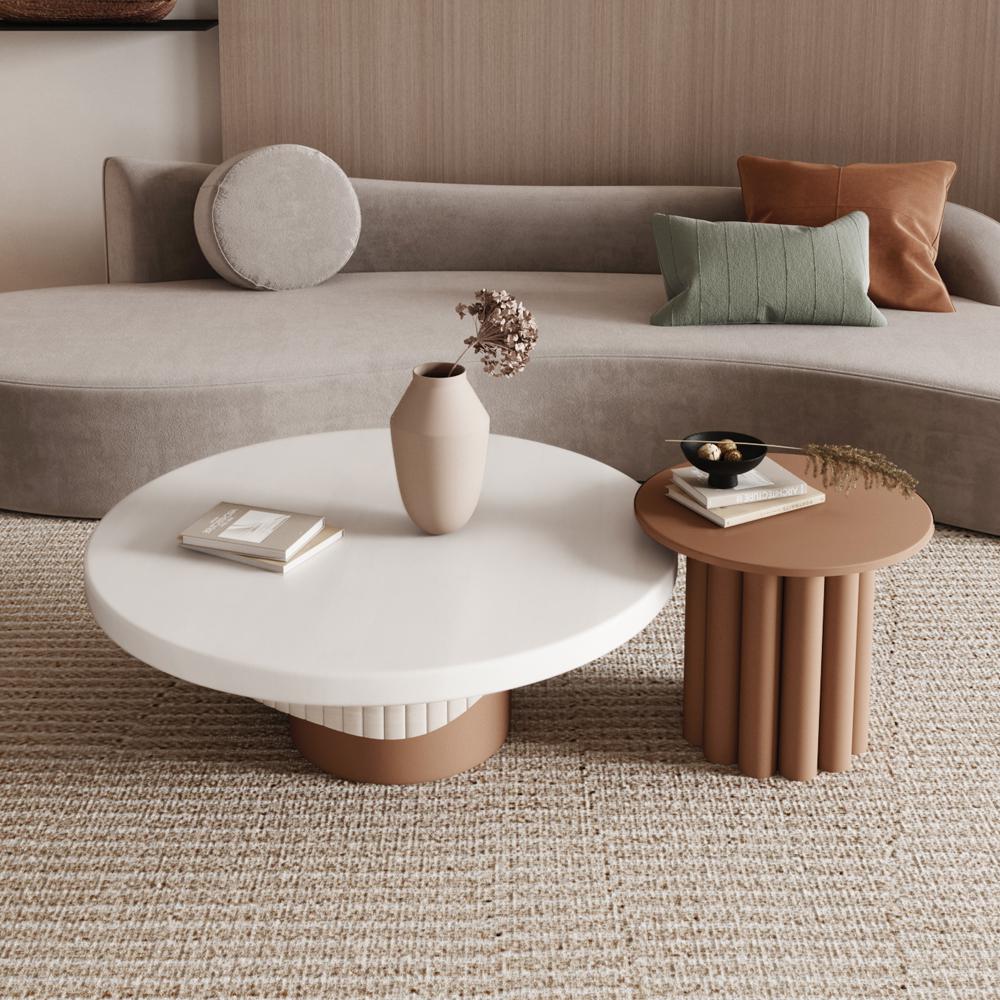 2-Piece Round Wood Coffee Table Set with Fluted Base in White & Walnut