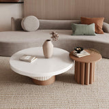 2-Piece Round Wood Coffee Table Set with Fluted Base in White & Walnut