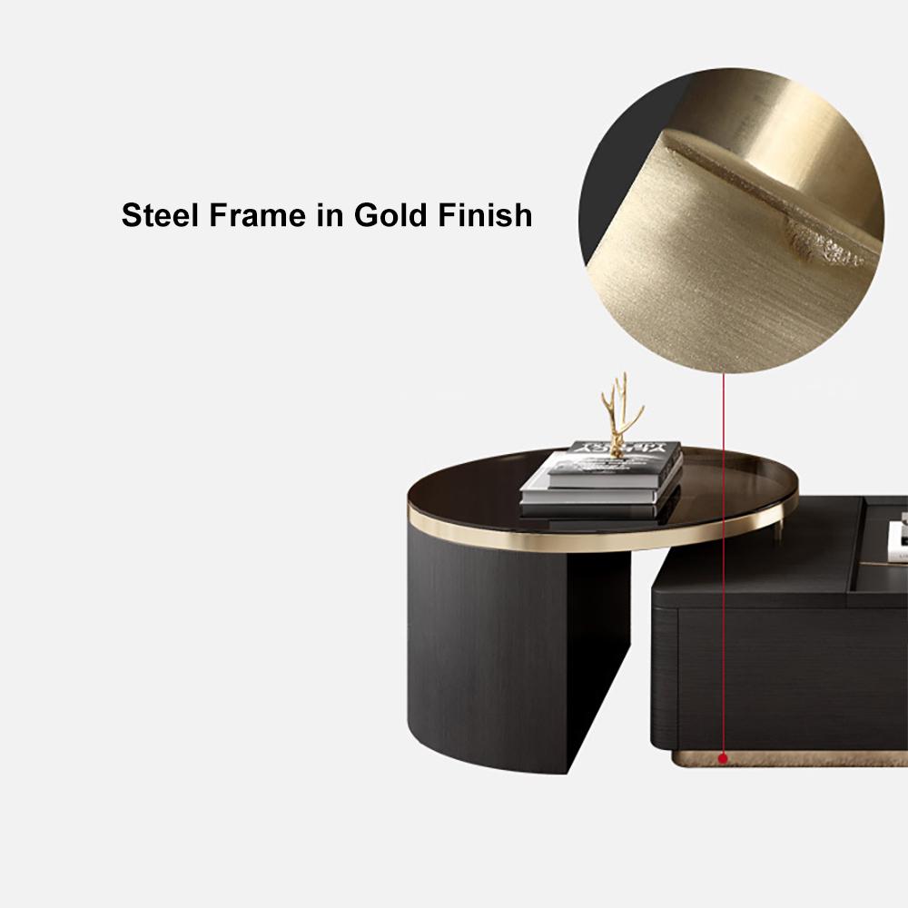 Modern Black Nesting Sintered Stone & Glass Coffee Table with 4 Storage Drawers Set of 2