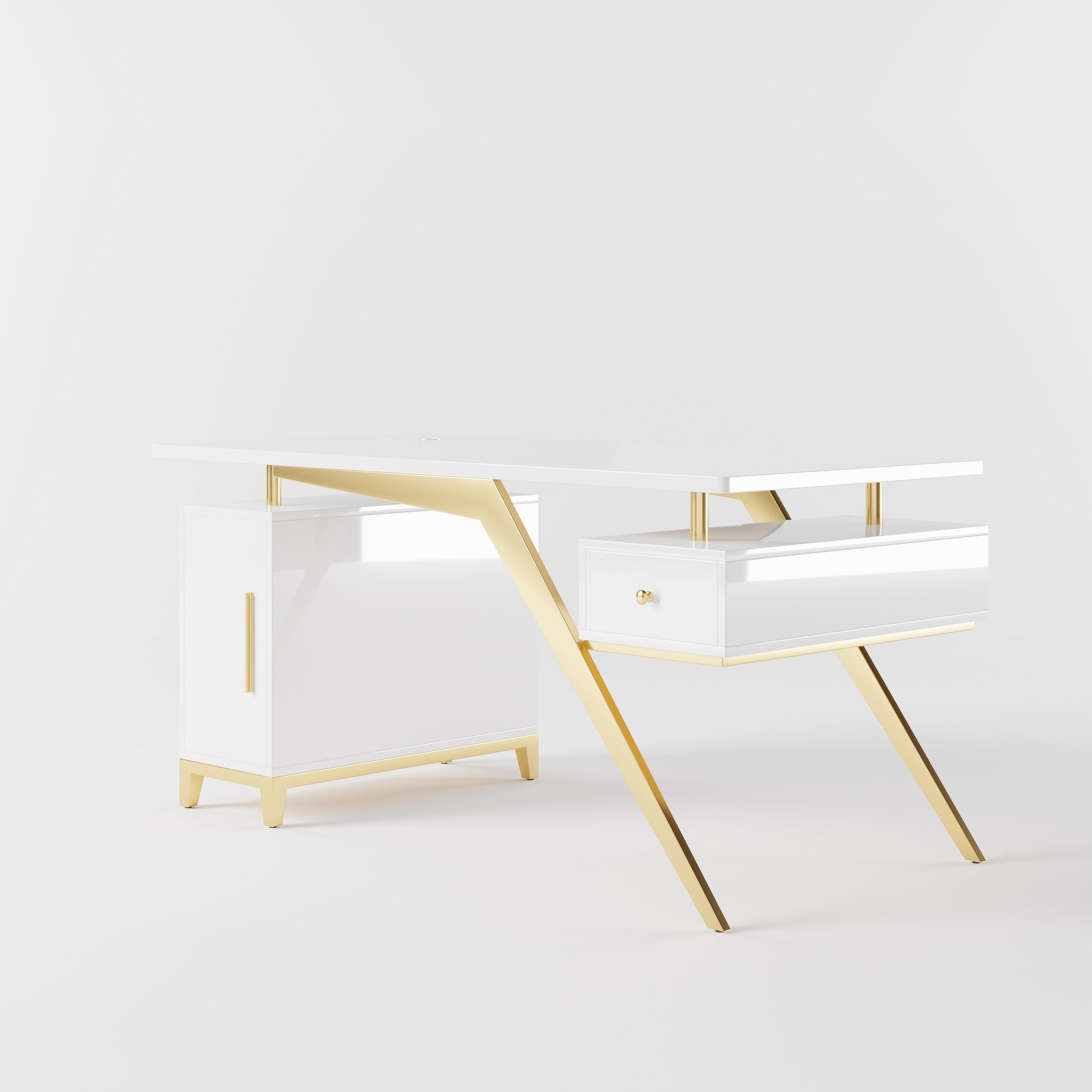 55" Ultra Modern White and Gold Computer Writing Desk with Storage & Drawer