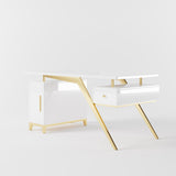 55" Ultra Modern White and Gold Computer Writing Desk with Storage & Drawer