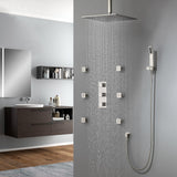 Modern 16 Inches LED Square Ceiling-Mount Rain Shower Head & 6 Body Sprays & Wall Mounted Hand Shower System Brushed Nickel