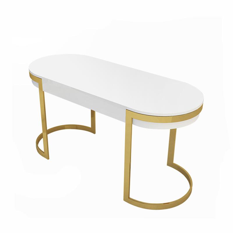 Modern Office Desk with 2 Drawers Stainless Steel Legs Lacquer Oval Desk in White