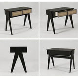 Modern Black Rattan Desk Home Office Desk with Drawers Wooden Writing Desk