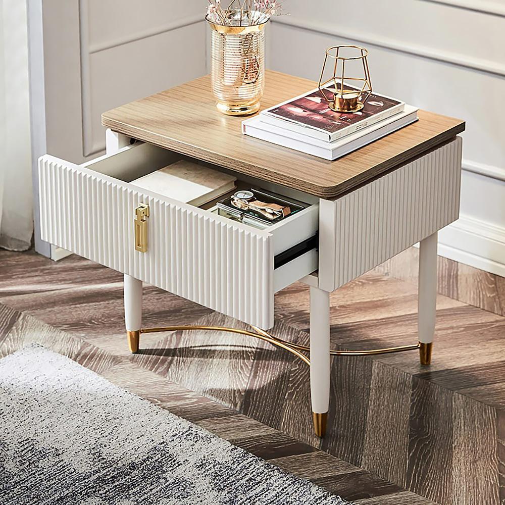 Modern White Nightstand Contemporary Wood Nightstand Bedside Table with Drawer in Gold