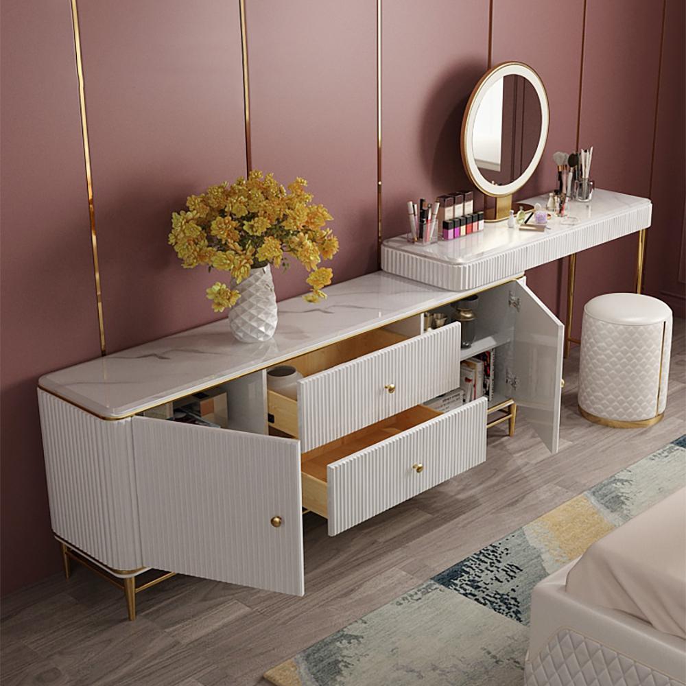 Retractable Marble Top Makeup Vanity Table & Cabinet Combo with Storage Fit in Corner