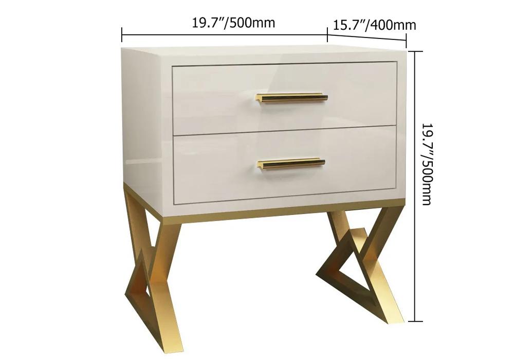 Nordic White Nightstand 2-Drawer Bedside Table Gold Finish