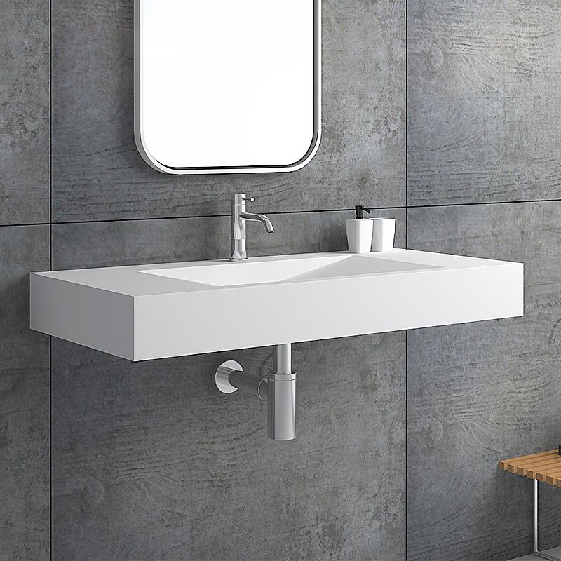 Glossy White Wall-Mount Floating Sink Solid Surface Stone Resin Bathroom V-Shaped Sink