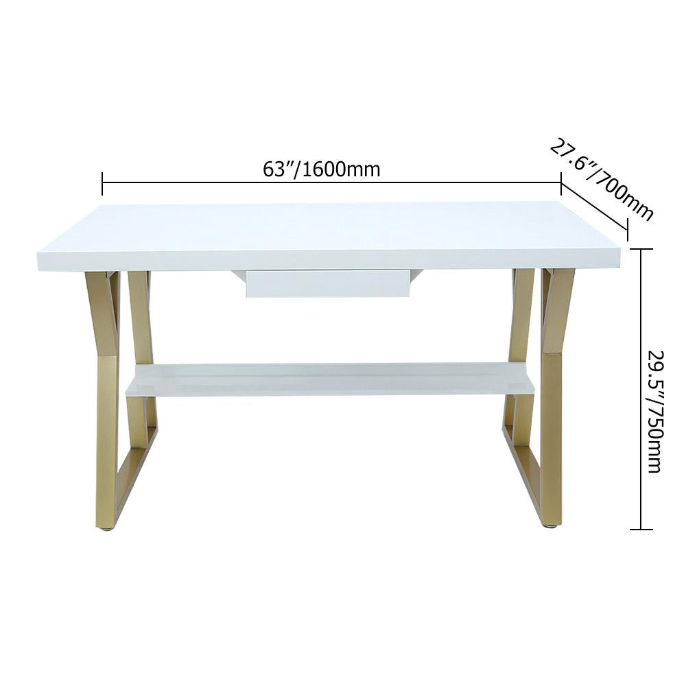 39" Rectangular White Computer Desk with Drawer and Shelf Gold Leg