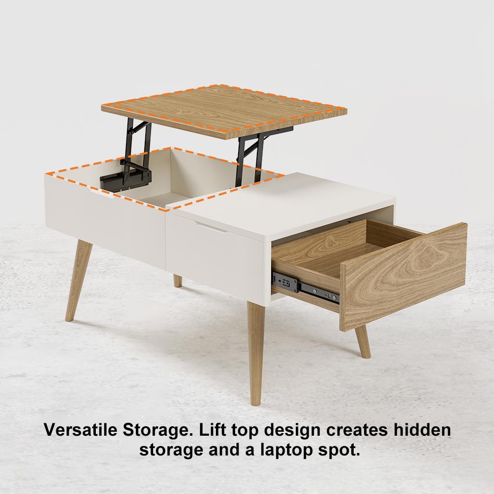 White & Natural Wooden Rectangular Multifunctional Coffee Table with Drawer Lift-Top Storage Table