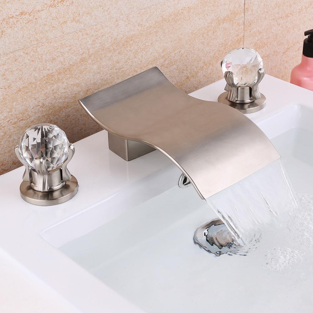 Deck Mount Widespread Waterfall 2 Crystal Handle Bathroom Sink Faucet in Brushed Gold