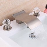 Deck Mount Widespread Waterfall 2 Crystal Handle Bathroom Sink Faucet in Brushed Gold