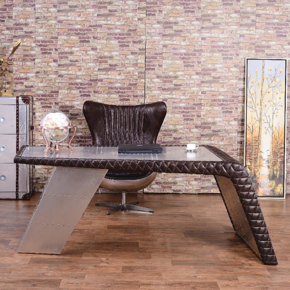 76" Aviator Desk with Storage Aluminum and Leather Office Desk