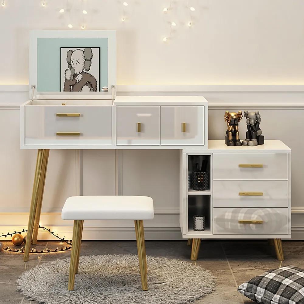 Modern White Makeup Vanity Extendable Dressing Table with Drawers & Flip Top Mirror