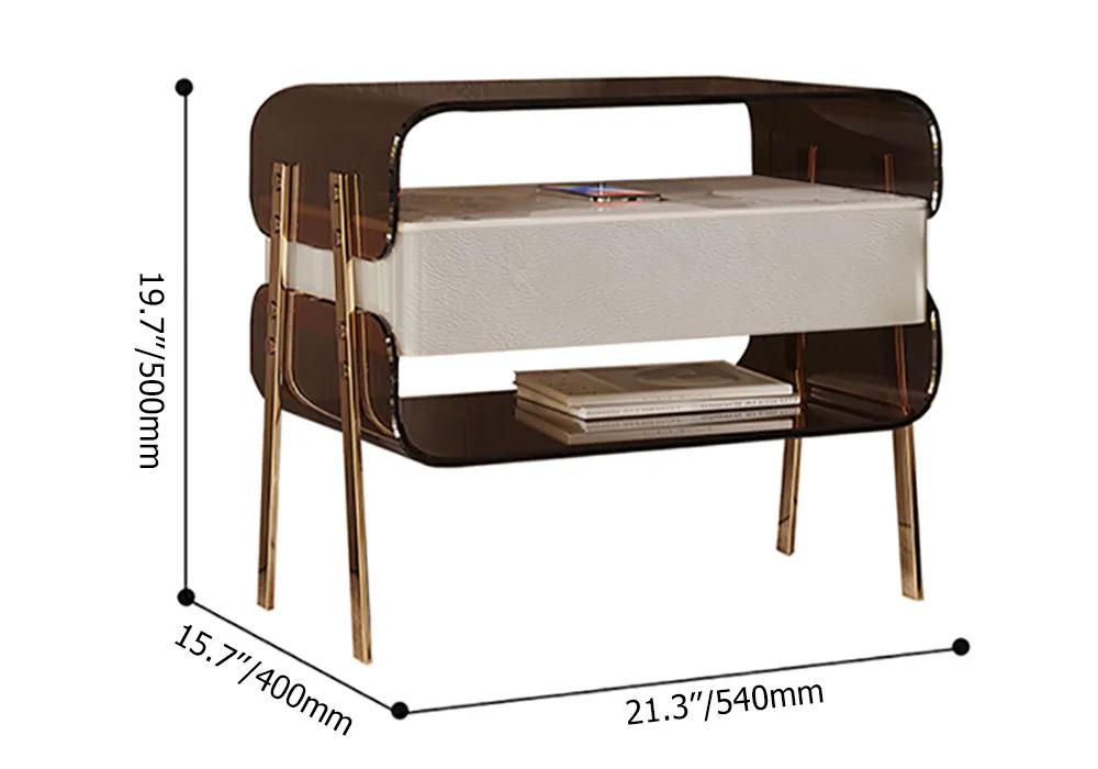 Modern Lighted Brown Nightstand with Wireless Charging Station Acrylic Bedside Table
