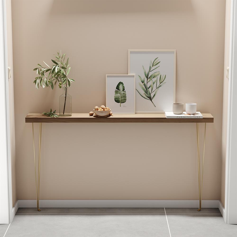 39" Modern Walnut Narrow Rectangular Console Table with Wooden Top Metal Legs