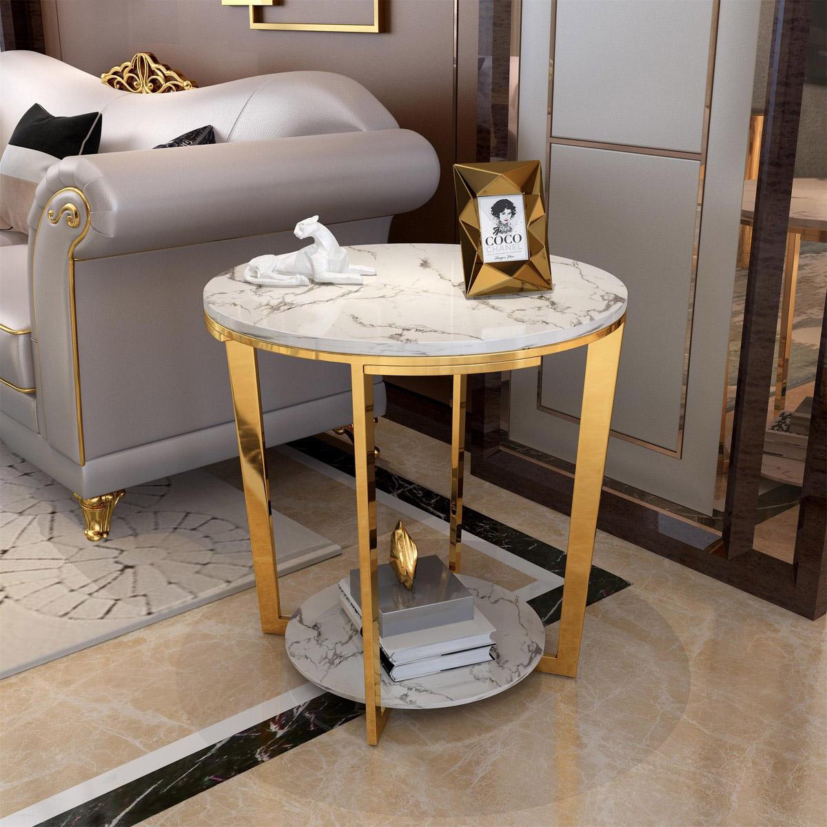 Gold Faux Marble Round End Table with Storage Shelf for Living Room