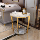 Gold Faux Marble Round End Table with Storage Shelf for Living Room