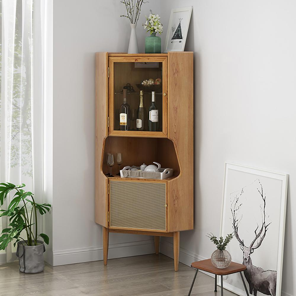 Nordic Natural Corner Cabinet 2-Door Bar Cabinet with Hutch & Shelf Rattan Woven