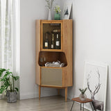 Nordic Natural Corner Cabinet 2-Door Bar Cabinet with Hutch & Shelf Rattan Woven