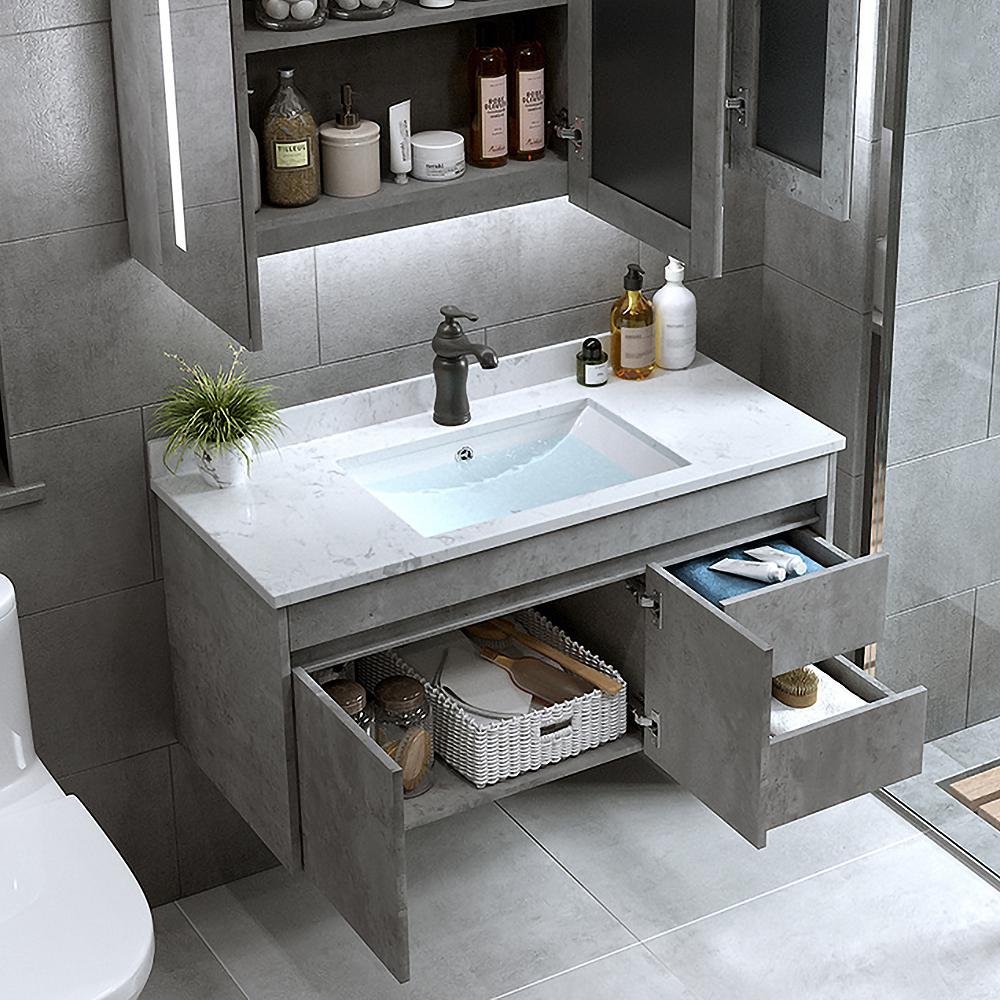 36" Floating Bathroom Vanity with Faux Marble Vessel Sink Wall Mounted