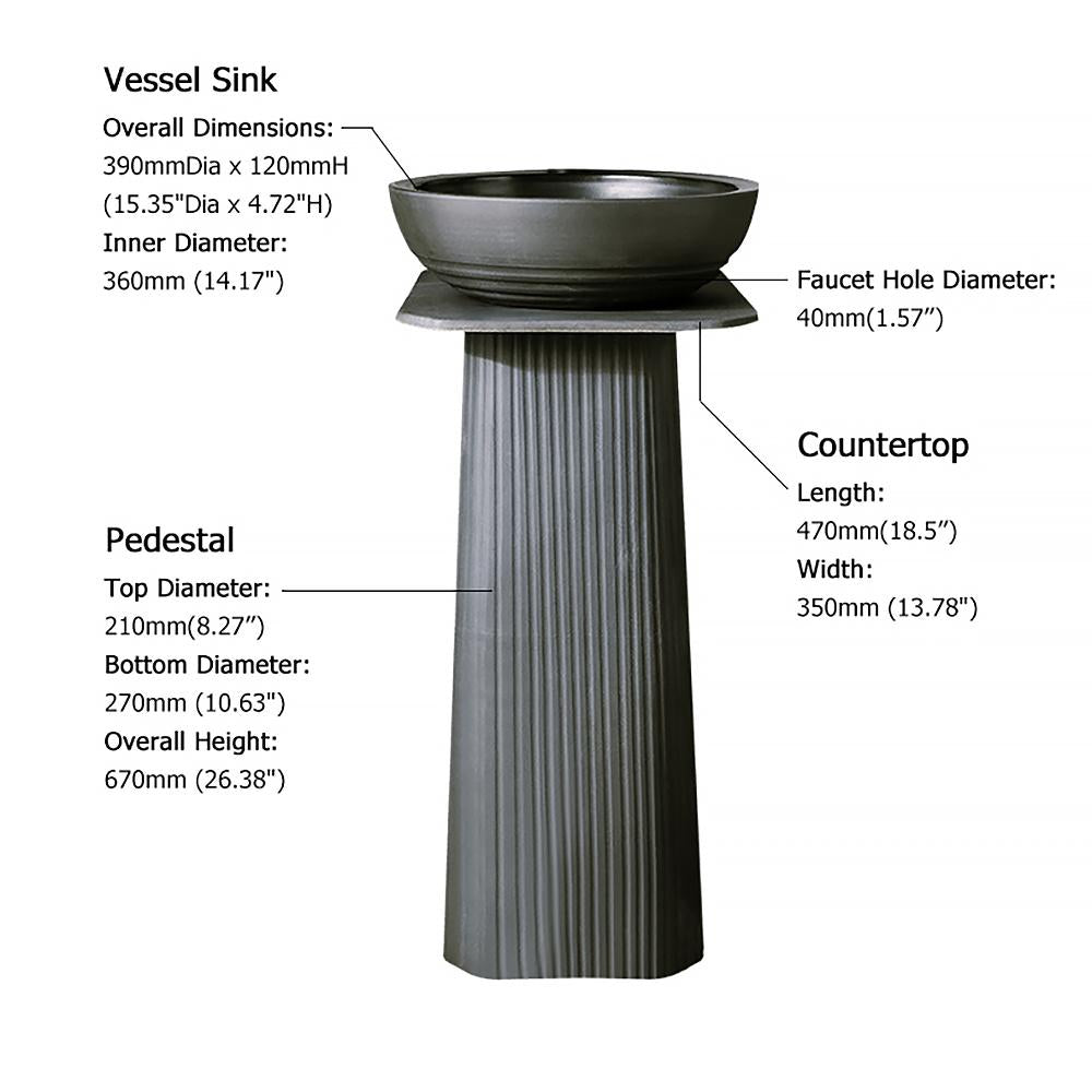 Gray Square Pedestal Sink Gaolin Round Vessel Sink without Drain & Faucet