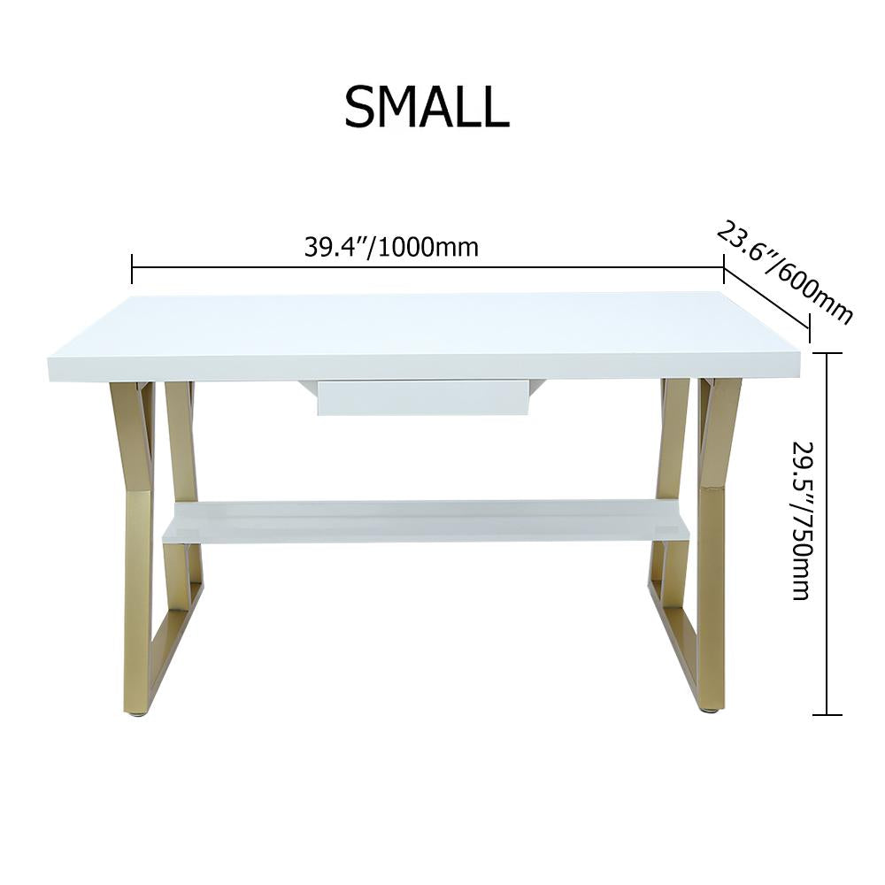 39" Rectangular White Computer Desk with Drawer and Shelf Gold Leg