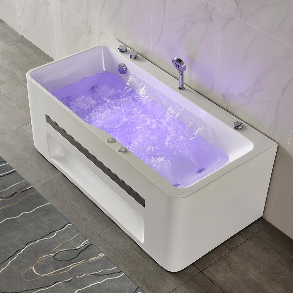 60" Modern Acrylic Rectangular Whirlpool Water Massage Bathtub in Chromatherapy LED