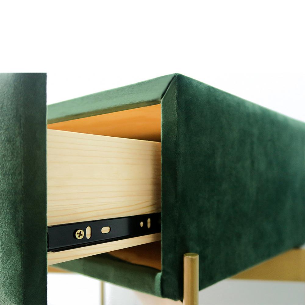 Green Bedroom Nightstand with Drawer Velvet Upholstered and Stainless Steel Base