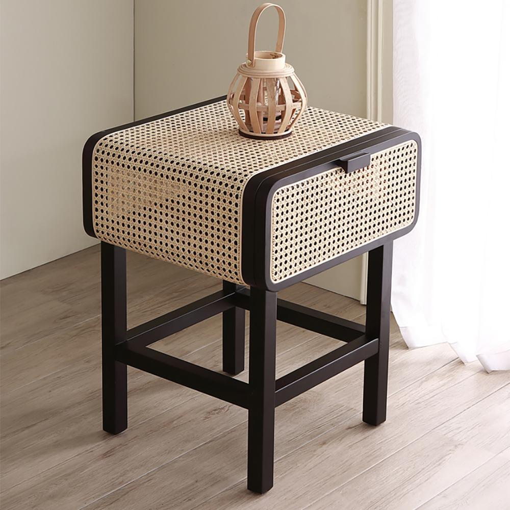 Wooden Walnut Nightstand Rattan Drawer for Bedroom Living Room Storage Bedside Table