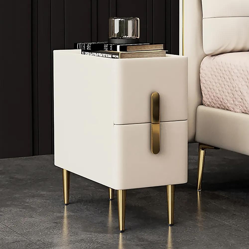 Beige Bedroom Nightstand Storage Bedside Table with 2 Drawers in Gold Legs